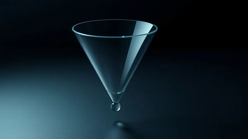 A photorealistic and minimalist visualization of a marketing funnel, starting wide at the top with 'Awareness', narrowing down through 'Engagement' and 'Consideration', and culminating in a small, focused 'Conversion' point at the bottom. The funnel is made of smooth, glowing glass, set against a dark, sophisticated background with subtle reflections. Cinematic lighting emphasizes the flow and transition between stages. 8K hyper-detailed, sharp focus.
