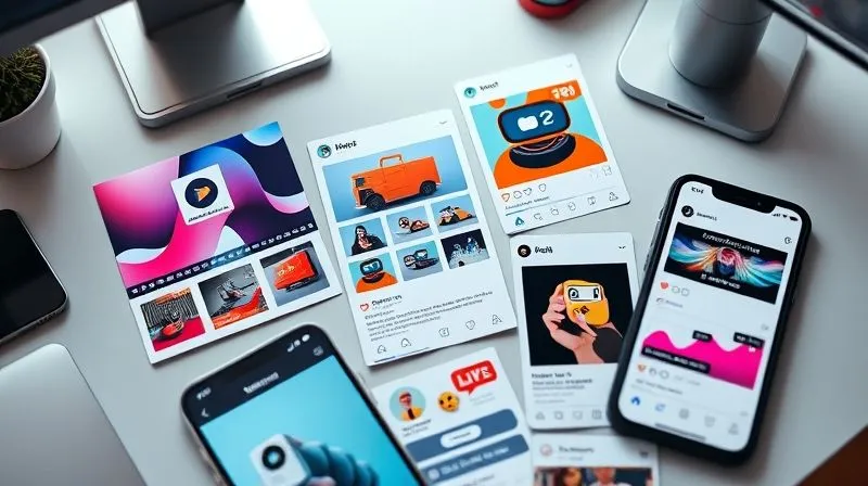 A photorealistic image of a diverse set of social media content formats laid out on a digital workspace: a vibrant short video clip (Reel), a multi-slide carousel post with infographics, an interactive Instagram Story with a poll, and a live stream interface. The content is visually appealing and informative, representing different stages of a customer journey. Cinematic lighting, sharp focus on the content elements. 8K hyper-detailed, shot on a high-end DSLR.