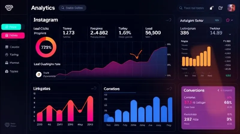 A photorealistic image of a modern, clean analytics dashboard displaying various Instagram metrics relevant to conversion: engagement rate, link clicks, lead qualification rate, and conversion rate. The data is presented in clear, interactive charts and graphs with subtle animations. Cinematic lighting, sharp focus on the data visualization. 8K hyper-detailed, shot on a high-end DSLR.