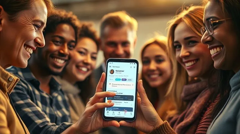 A photorealistic, professional photography, 8K, cinematic lighting image of a diverse group of people (representing an online community) interacting positively with a glowing smartphone screen that displays a freelancer's profile. Sharp focus on the happy, engaged faces and the phone, depth of field. Emotional resonance: connection, community, shared purpose, trust.