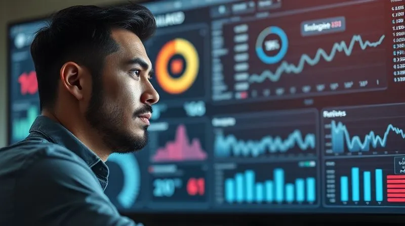 A photorealistic, professional photography, 8K, cinematic lighting image of a freelancer analyzing a dashboard with various Instagram metrics (engagement rate, link clicks, conversions) on a large monitor, with a thoughtful expression. Sharp focus on the data visualization, depth of field. Emotional resonance: insight, strategy, control, growth.