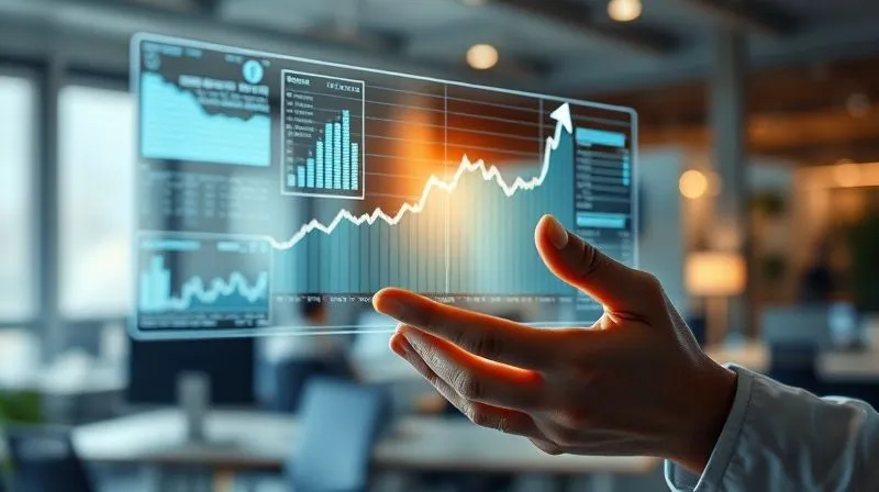 A photorealistic image of a data scientist's hands interacting with a holographic projection of a complex dataset, pinpointing a specific upward trend. The background is a modern office space, blurred, with soft, ambient lighting. Sharp focus on the hands and the glowing data projection. 8K hyper-detailed, professional photography, shot on a high-end DSLR.