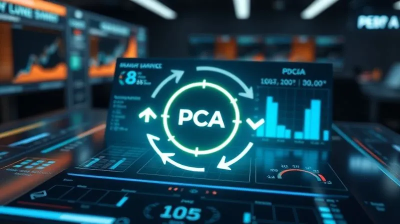 A photorealistic image of a continuous improvement loop diagram, with arrows indicating a cycle of 'Plan, Do, Check, Act' (PDCA) centered around an analytics dashboard. The diagram is glowing subtly on a futuristic table. Cinematic lighting, sharp focus on the diagram, depth of field. 8K hyper-detailed, professional photography, shot on a high-end DSLR.