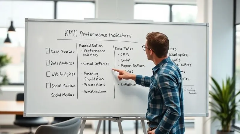 A photorealistic image of a freelancer and a client collaboratively pointing at a digital whiteboard displaying clearly defined Key Performance Indicators (KPIs) and a list of potential data sources like 'CRM', 'Web Analytics', 'Social Media'. The setting is a modern, bright office, with a sense of focused discussion and strategic planning. Cinematic lighting, sharp focus on the whiteboard, depth of field blurring the background, 8K hyper-detailed.