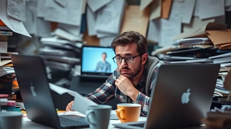 A photorealistic image of a freelancer looking overwhelmed by a cluttered desk filled with papers, multiple open laptop screens, and coffee cups. The lighting is harsh and chaotic, emphasizing stress and disorganization. 8K hyper-detailed, sharp focus on the freelancer's anxious expression, depth of field blurring the background, shot on a high-end DSLR.