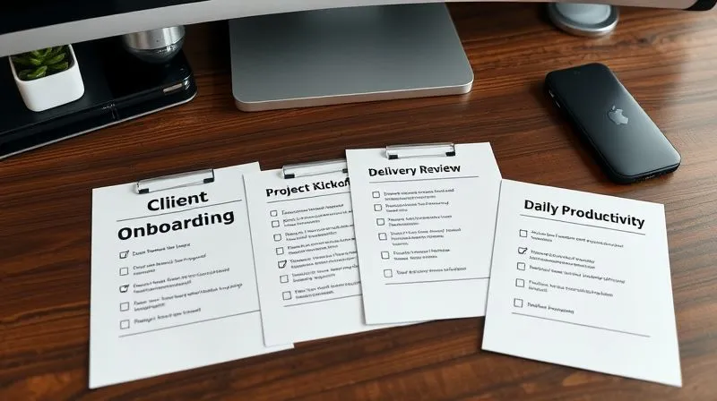 A photorealistic image of a desk with four distinct, neatly organized physical checklists laid out. One is labeled 'Client Onboarding', another 'Project Kickoff', a third 'Delivery Review', and the fourth 'Daily Productivity'. Each checklist has specific, concise items, some checked off. Cinematic lighting, sharp focus, 8K hyper-detailed, depth of field, shot on a high-end DSLR.