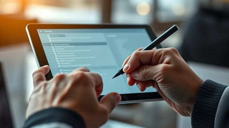 A photorealistic image of a freelancer's hand using a stylus on a tablet, interacting with a dynamic digital checklist application. The interface shows flexible modules and adaptable task lists, with elements being easily dragged and dropped. Cinematic lighting, sharp focus on the tablet screen and hand, 8K hyper-detailed, depth of field blurring the background, shot on a high-end DSLR.