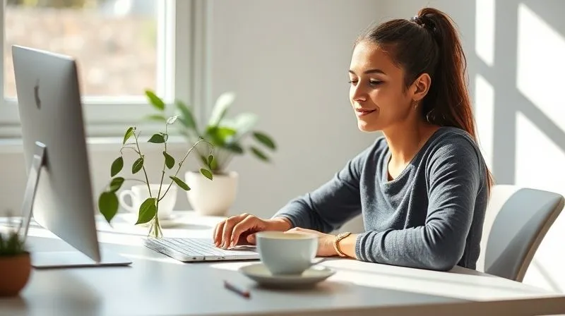 A photorealistic image of a calm and focused freelancer working at a clean, minimalist desk bathed in soft, natural light. The freelancer has a serene expression, a cup of herbal tea nearby, and a plant on the desk, symbolizing well-being and balance. 8K hyper-detailed, sharp focus on the freelancer's peaceful demeanor, depth of field blurring the background, shot on a high-end DSLR.