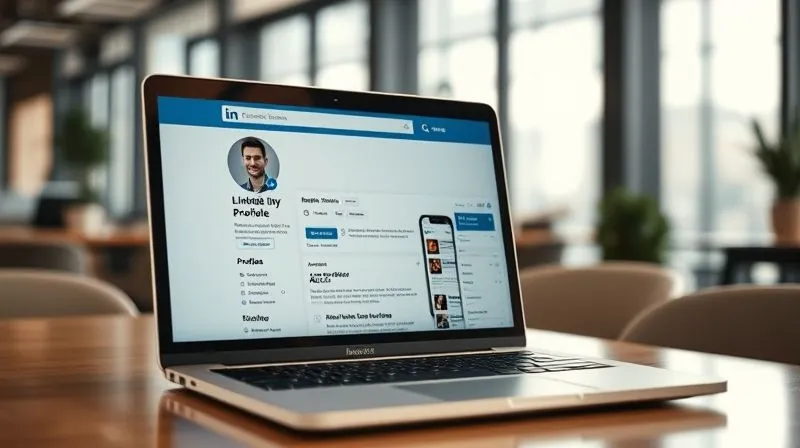 A photorealistic image of a laptop screen displaying a highly optimized LinkedIn profile, with a professional headshot, clear headline, and compelling 'About' section. The screen is in sharp focus, with subtle reflections of a modern office environment. 8K hyper-detailed, cinematic lighting.
