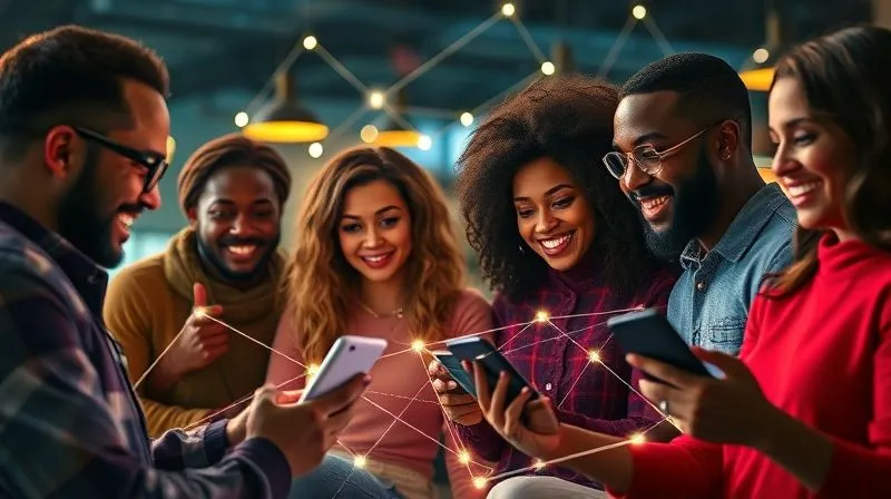 A photorealistic image of diverse people from different backgrounds interacting positively on social media, with glowing lines connecting them, symbolizing authentic engagement and networking. The scene is vibrant and dynamic, with cinematic lighting. 8K hyper-detailed, sharp focus.