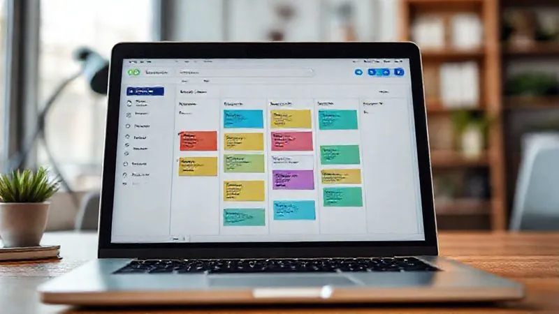 A photorealistic close-up of a Trello board on a laptop screen, showing columns like "To Do", "In Progress", "Review", and "Done", with colorful cards moving between them. The background is a slightly blurred, modern home office. Cinematic lighting, sharp focus on the Trello interface, depth of field, 8K hyper-detailed, professional photography, shot on a high-end DSLR.
