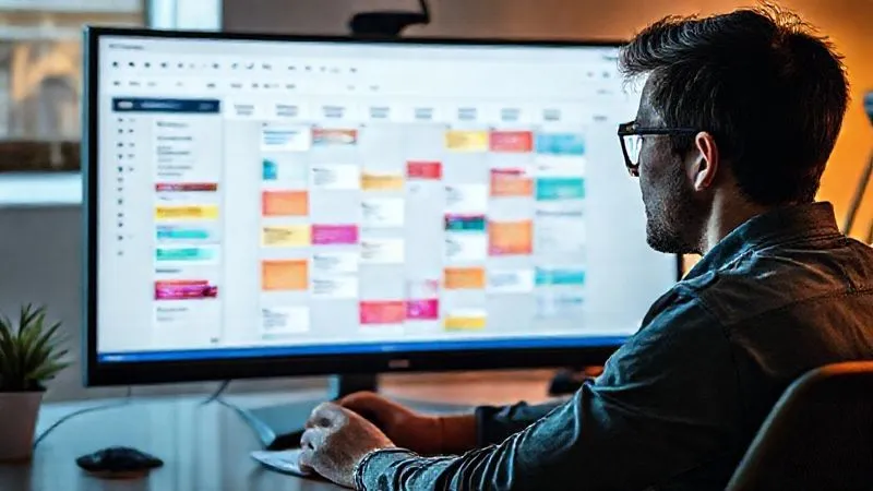 A photorealistic image of a freelancer looking at a Trello board on a large monitor, which displays a calendar view with color-coded deadlines and tasks spread across a timeline. The freelancer looks calm and in control, with a cup of coffee nearby. Cinematic lighting, sharp focus on the screen, depth of field, 8K hyper-detailed, professional photography, shot on a high-end DSLR.