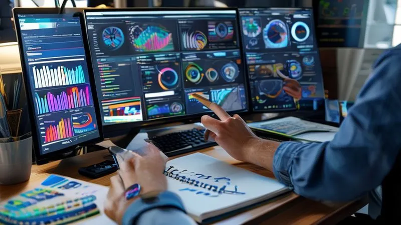 A photorealistic image of a freelancer's desk, meticulously organized with multiple screens displaying various analytics dashboards (Google Analytics, Google Search Console, Social Media Insights). A hand is pointing at a key metric on one screen, with a notebook open for strategic planning. Cinematic lighting, sharp focus, 8K hyper-detailed. The scene conveys efficient data collection and organization.