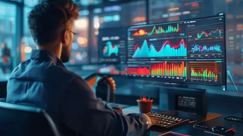 A photorealistic, professional photography, 8K, cinematic lighting, sharp focus, depth of field, shot on a high-end DSLR image of a crisp, modern dashboard on a large monitor, displaying key marketing analytics (ROI, conversion rates, traffic growth) with clear, vibrant bar and line graphs. A client and freelancer are seen in the background, subtly blurred, discussing the data, conveying understanding and collaboration. The visual emphasizes clarity and impact.
