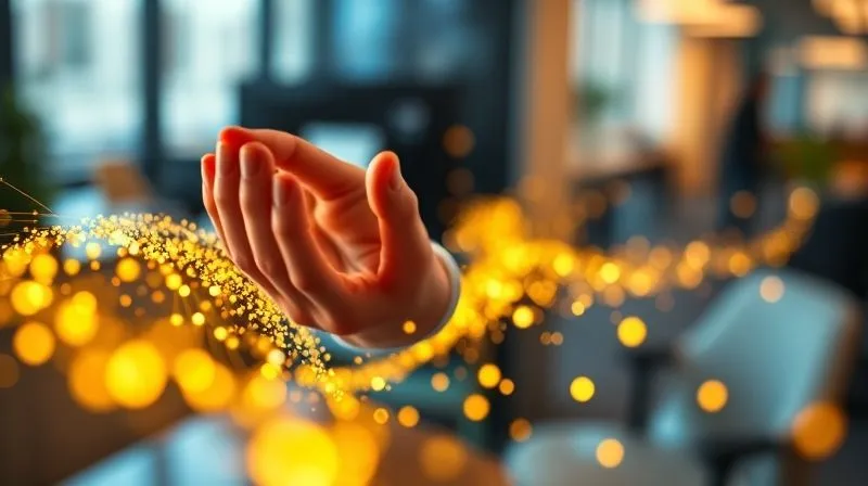 A photorealistic, professional photography, 8K, cinematic lighting, sharp focus, depth of field, shot on a high-end DSLR, of a freelancer's hand sifting through a stream of glowing, abstract data points, with some data points coalescing into clear, valuable insights represented by shining gold nuggets. The background is a blurred, modern office setting.