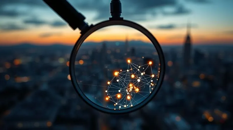A photorealistic, professional photography, 8K, cinematic lighting, sharp focus, depth of field, shot on a high-end DSLR, of a magnifying glass hovering over a complex network of interconnected data points, with some clusters glowing brightly, symbolizing identified opportunities. The background shows a blurred cityscape at dusk, representing the vast market.