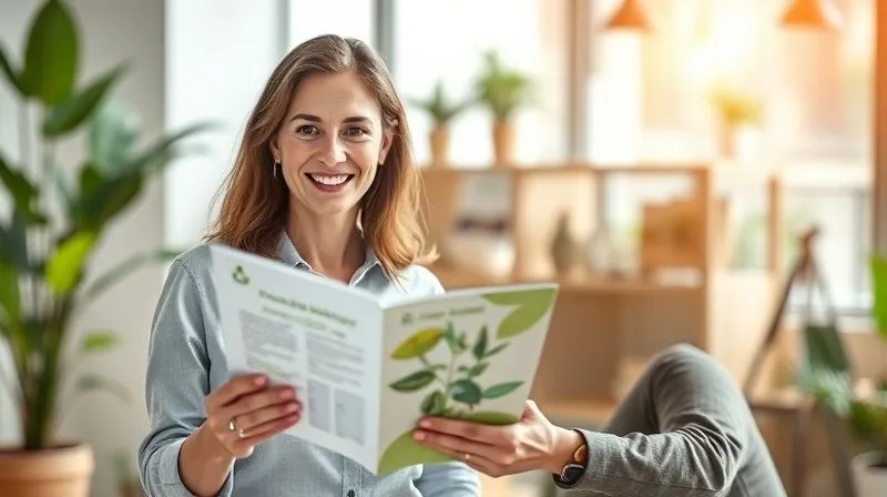 A photorealistic, professional photography, 8K, cinematic lighting, sharp focus, depth of field, shot on a high-end DSLR, of a happy freelancer, perhaps Maria, confidently presenting a sustainability report to a small e-commerce owner, with eco-friendly products subtly in the background. The scene is bright and optimistic, symbolizing success and partnership.
