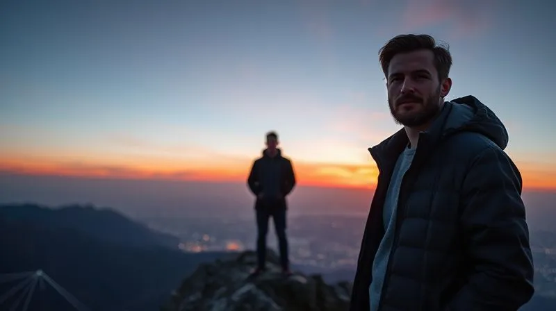 A photorealistic, professional photography, 8K, cinematic lighting, sharp focus, depth of field, shot on a high-end DSLR, of a freelancer, with a confident and visionary expression, standing on a mountain peak overlooking a digital landscape of interconnected data points forming new pathways and opportunities. The sky is a gradient of sunrise colors, symbolizing a new era of possibilities.