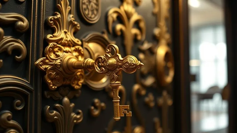 A photorealistic image of a golden, intricately carved key, representing freelance experience, unlocking a heavy, ornate door that leads into a bright, modern corporate office. Cinematic lighting, sharp focus on the key and door, depth of field blurring the background. 8K hyper-detailed, professional photography, shot on a high-end DSLR.