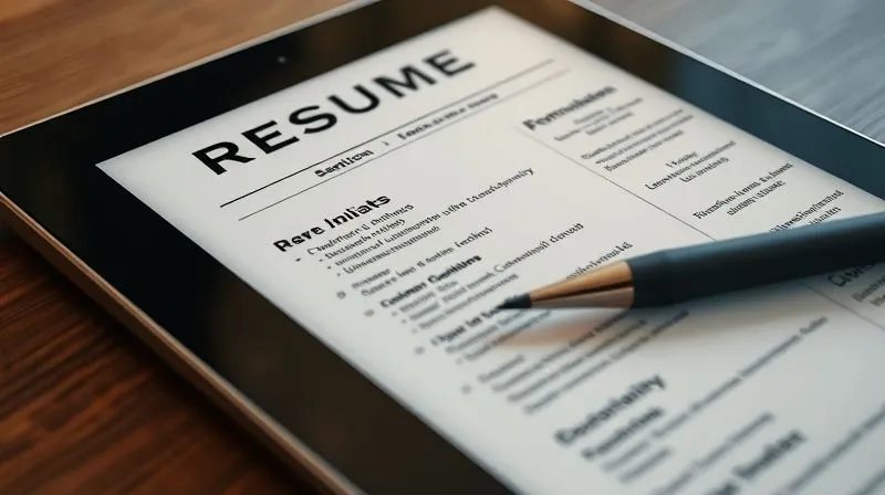 A photorealistic close-up of a meticulously crafted professional resume, displayed on a sleek tablet screen, with key sections highlighted and numbers prominently featured. A pen rests beside it, implying careful revision. Cinematic lighting, sharp focus, depth of field. 8K hyper-detailed, professional photography, shot on a high-end DSLR.