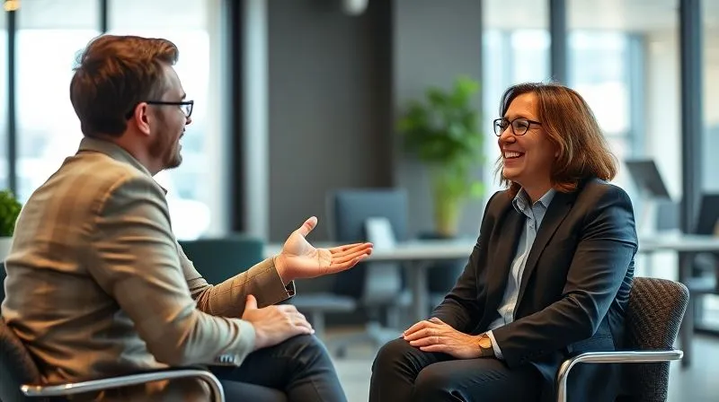 A photorealistic image of two professionals, one a former freelancer, engaged in a vibrant, confident conversation during a job interview. They are seated in a modern, well-lit office space. The former freelancer is gesturing expressively, telling a compelling story. Cinematic lighting, sharp focus on their interaction, depth of field blurring the background. 8K hyper-detailed, professional photography, shot on a high-end DSLR.