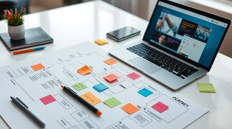 A photorealistic image of a detailed career roadmap or strategic plan laid out on a clean desk, with various colored markers, sticky notes, and a laptop displaying job search websites. The plan shows clear steps and milestones for a career transition. Cinematic lighting, sharp focus on the plan, depth of field blurring the background. 8K hyper-detailed, professional photography, shot on a high-end DSLR.