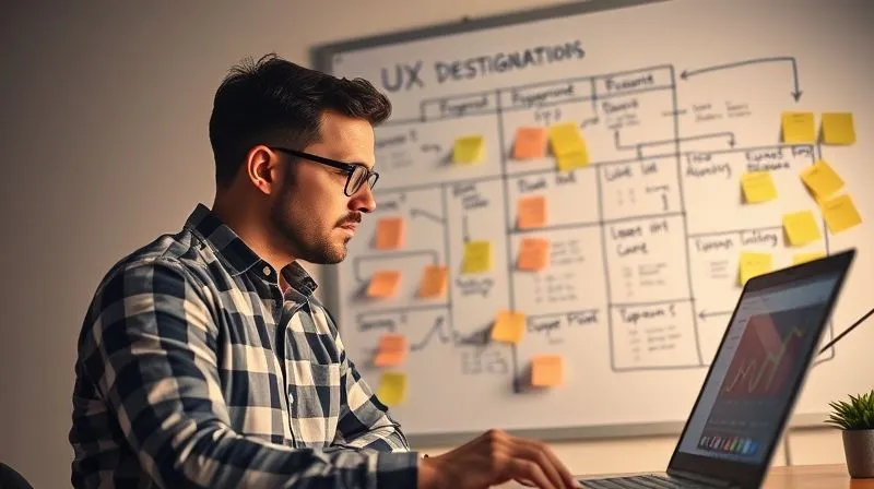 A photorealistic, professional photography, 8K, cinematic lighting, sharp focus, depth of field, shot on a high-end DSLR, image of a UX designer looking intently at a whiteboard filled with sticky notes, connecting ideas with lines. The whiteboard is organized, showing a clear prioritization matrix or a user flow. The designer has a thoughtful, problem-solving expression, with a laptop open nearby displaying analytics. The overall mood is strategic and efficient.