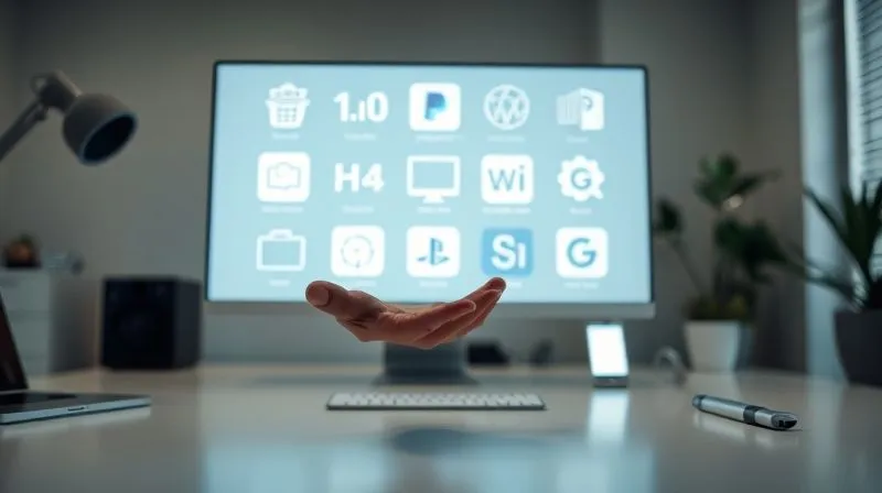 A photorealistic, professional photography, 8K, cinematic lighting, sharp focus, depth of field, shot on a high-end DSLR, image of a diverse set of digital tools displayed as glowing icons on a sleek, minimalist desk. A hand reaches out to select one, symbolizing efficiency and smart choices. The background is a slightly blurred modern workspace, hinting at a freelancer's setup. The lighting emphasizes the digital nature of the tools, with subtle reflections on the desk surface.