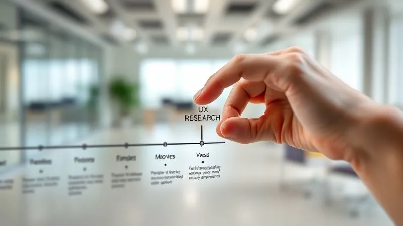 A photorealistic, professional photography, 8K, cinematic lighting, sharp focus, depth of field, shot on a high-end DSLR, image of a timeline or project roadmap with UX research phases clearly marked and integrated into the overall project flow. The visual emphasizes seamless integration and strategic planning. A human hand points to a specific research milestone, indicating careful consideration. The background is a clean, modern office environment, suggesting organized work.