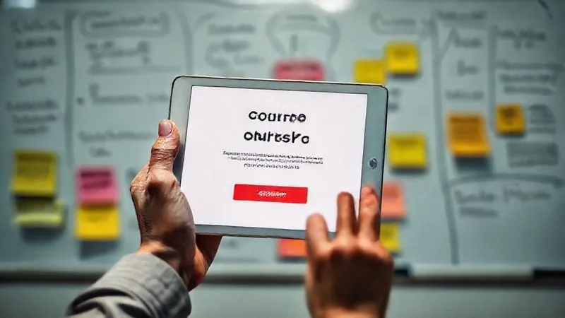 A photorealistic image of a freelancer's hand holding a tablet displaying a simple landing page for a course MVP, with a 'pre-register' button, surrounded by sticky notes with market research insights. Cinematic lighting, sharp focus on the tablet and hand, depth of field blurring a brainstorming whiteboard in the background, 8K hyper-detailed, shot on a high-end DSLR.