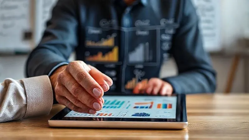 A photorealistic image of a data analyst's hands hovering over a tablet displaying various charts and graphs representing course sales and engagement metrics. A whiteboard in the background shows a 'plan-do-check-act' cycle. Cinematic lighting, sharp focus on the tablet and hands, depth of field blurring the background, 8K hyper-detailed, shot on a high-end DSLR.