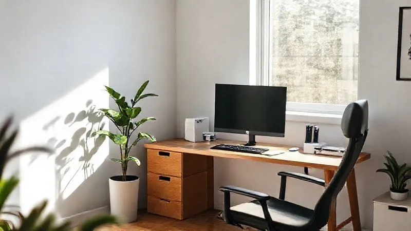 A photorealistic, professional photography, 8K image of a minimalist, ergonomic home office setup. A clean wooden desk with a single monitor, a comfortable office chair, and a green plant. Soft, natural light streams from a window. The focus is on the organized, inviting workspace, conveying a sense of calm and productivity. Cinematic lighting, sharp focus, depth of field, shot on a high-end DSLR.