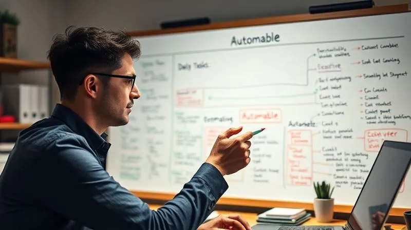 A photorealistic, professional photography image of a freelancer's desk with a large whiteboard in the background, covered in a meticulously drawn flowchart of daily tasks, color-coded for 'creative', 'administrative', and 'automatable'. The freelancer is pointing at an 'automatable' section with a marker, a thoughtful and empowered expression. Cinematic lighting, sharp focus on the whiteboard, depth of field blurring the background, 8K hyper-detailed, shot on a high-end DSLR.