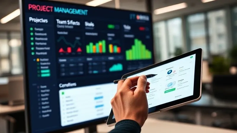 A photorealistic image of a sleek project management dashboard on a large monitor, displaying various project statuses, progress bars, and team assignments. The interface is clean and intuitive, with green checkmarks indicating completed tasks. A hand with a stylus is interacting with a tablet showing a similar dashboard, suggesting seamless integration. Cinematic lighting, sharp focus on the dashboard, depth of field blurring the office background, 8K hyper-detailed, shot on a high-end DSLR.