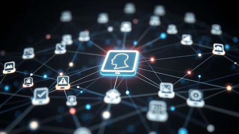 A photorealistic, professional photography image depicting a complex network of glowing digital lines connecting various icons representing different business functions (marketing, sales, development, finance). The lines flow smoothly towards a central, brightly lit icon of a freelancer's silhouette, symbolizing efficiency and growth. Cinematic lighting, sharp focus on the digital network, depth of field blurring the dark background, 8K hyper-detailed, shot on a high-end DSLR.