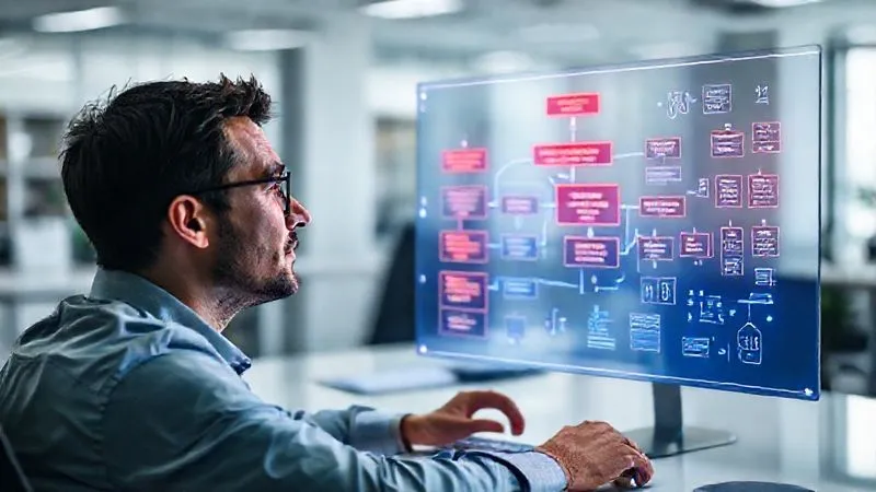 A photorealistic image of a person at a clean, modern desk, looking thoughtfully at a flowchart on a transparent screen that visualizes a complex workflow with repetitive tasks being highlighted in red, while automated tasks are glowing in blue. The person's expression is one of clarity and insight. Cinematic lighting, sharp focus, depth of field blurring the office background, 8K hyper-detailed, shot on a high-end DSLR.