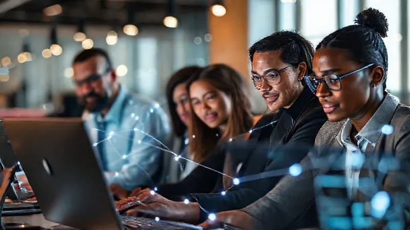 A photorealistic image of a diverse group of professionals collaborating virtually, with glowing lines connecting their screens and ideas, symbolizing seamless communication and efficient feedback loops. The individuals are focused and engaged, with a sense of shared purpose. Cinematic lighting, sharp focus on the screens and faces, depth of field blurring the background, 8K hyper-detailed, shot on a high-end DSLR.