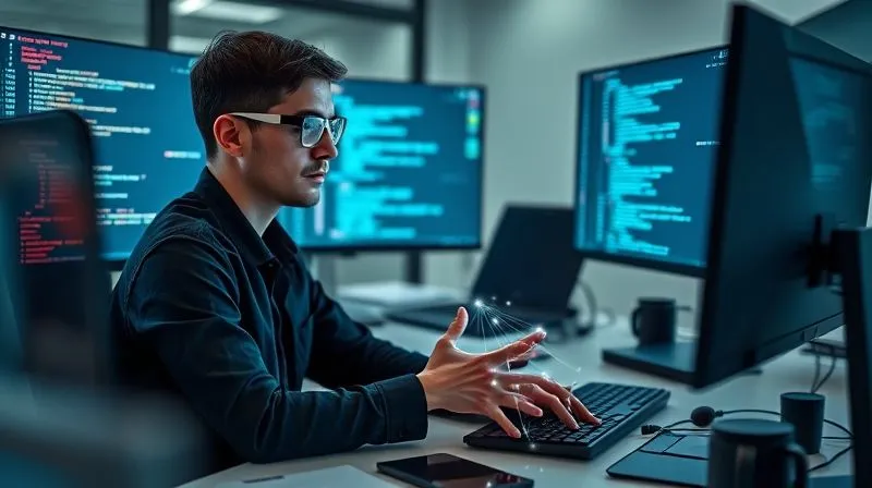 A photorealistic image of a web developer sitting at a desk, surrounded by multiple screens displaying complex code and futuristic UI designs. One screen shows a 3D model of a website interface with glowing data points, another shows AI-generated code snippets. The developer is wearing augmented reality glasses, with subtle holographic elements projected around their hands, indicating interaction with advanced tools. Cinematic lighting, sharp focus on the developer and the technology, depth of field blurring a modern, minimalist office in the background. 8K hyper-detailed, shot on a high-end DSLR.