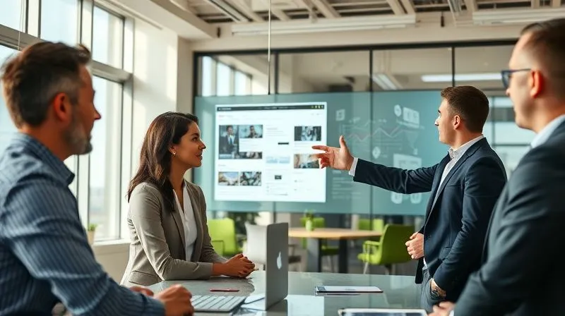 A photorealistic image of a professional freelancer, dressed smartly, confidently presenting a complex digital project to a small group of attentive clients in a modern, sunlit meeting room. The freelancer is pointing to a large, transparent screen displaying an innovative website design with data overlays, while the clients show expressions of understanding and satisfaction. Cinematic lighting, sharp focus on the interaction and the digital display, depth of field blurring the background office. 8K hyper-detailed, shot on a high-end DSLR.