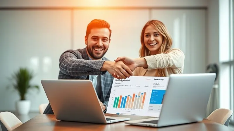 A photorealistic image of a strong, confident handshake between a male freelancer and a female client over a table with a laptop displaying a successful project dashboard. Both individuals are smiling, symbolizing trust, partnership, and mutual success. The background is a modern, bright office space with soft, cinematic lighting. Sharp focus on the handshake, with a gentle depth of field blurring the background. 8K hyper-detailed, shot on a high-end DSLR.