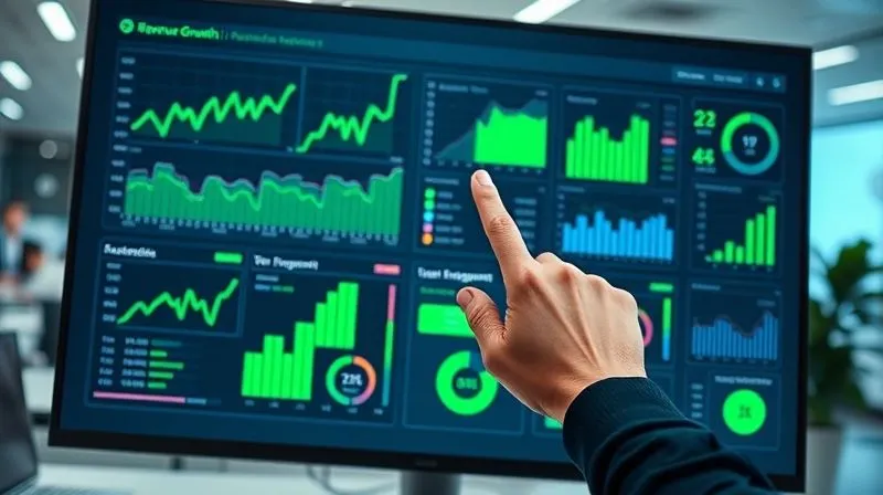 A photorealistic image of a sleek, modern data dashboard displayed on a large monitor, showing various charts and graphs with upward-trending lines, green indicators, and positive statistics like 'Revenue Growth' and 'User Engagement'. A hand is pointing to a key performance indicator. The lighting is bright and professional, suggesting clarity and success. Sharp focus on the dashboard, with a subtle depth of field blurring the background office environment. 8K hyper-detailed, shot on a high-end DSLR.