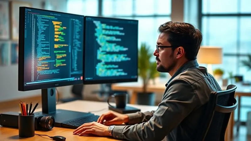 A photorealistic image of a web developer sitting at a desk, looking confidently at a screen displaying a complex AI interface. The interface shows data visualizations and code snippets, but the developer is clearly in control, guiding the process. The background is a modern, clean workspace. Cinematic lighting, sharp focus on the developer's face and the screen, depth of field blurring the background, 8K hyper-detailed, professional photography, shot on a high-end DSLR.