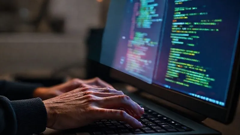 A photorealistic close-up of a web developer's hands typing on a keyboard, with a holographic projection of AI-generated code snippets appearing above the monitor, seamlessly integrating with the traditional code editor. The scene is illuminated by the screen's glow and soft ambient light. Sharp focus on the hands and the holographic interface, depth of field blurring the background, 8K hyper-detailed, professional photography, shot on a high-end DSLR.