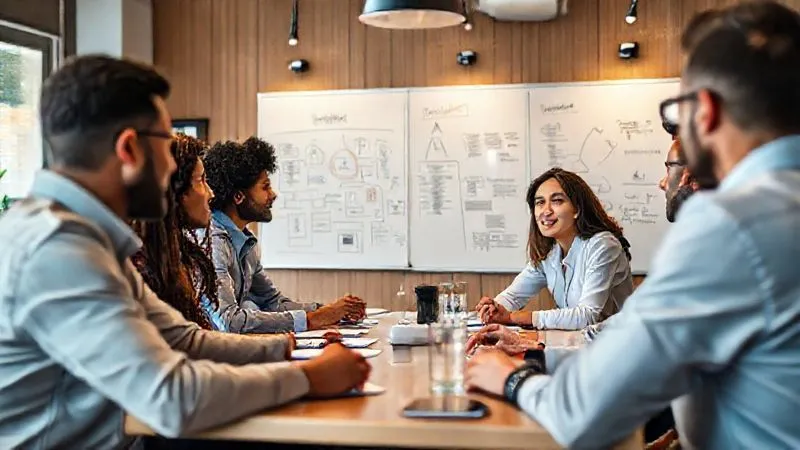 A photorealistic image of a diverse group of professionals (freelancers and small business owners) gathered around a table, actively discussing and brainstorming new business ideas related to AI. Whiteboards in the background show diagrams and keywords like 'AI Strategy', 'New Niches', 'Innovation'. The atmosphere is collaborative and forward-looking. Cinematic lighting, sharp focus on the group's interaction, depth of field blurring the background, 8K hyper-detailed, professional photography, shot on a high-end DSLR.
