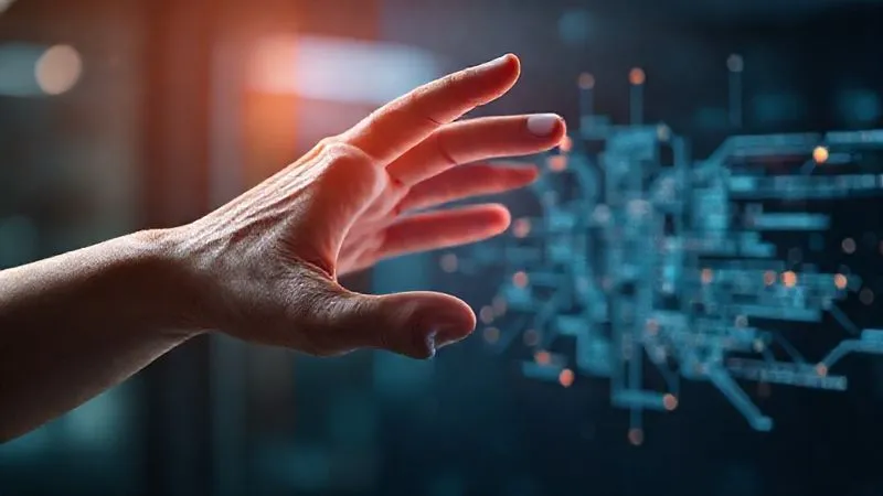 A photorealistic image depicting a seamless collaboration between a human hand and a glowing, ethereal AI interface. The human hand is making a gesture of guidance or refinement over the AI output, which is represented by intricate digital patterns or code. The background is softly blurred, suggesting a futuristic, yet harmonious workspace. Cinematic lighting, sharp focus on the hands and the AI interface, depth of field, 8K hyper-detailed, professional photography, shot on a high-end DSLR.