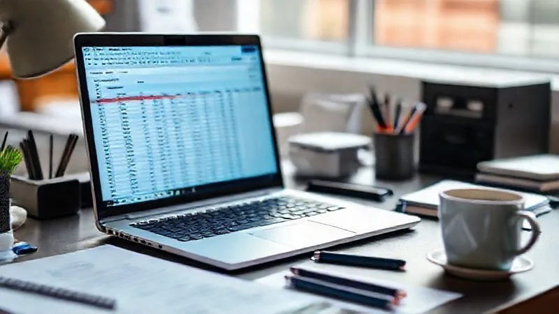 A photorealistic image of a freelancer's desk, organized with a laptop displaying a spreadsheet or CRM interface with structured data fields, pens, and a coffee cup. The overall scene conveys clarity, organization, and a focus on data. Cinematic lighting, sharp focus on the digital interface, depth of field blurring the background, 8K hyper-detailed, professional photography.