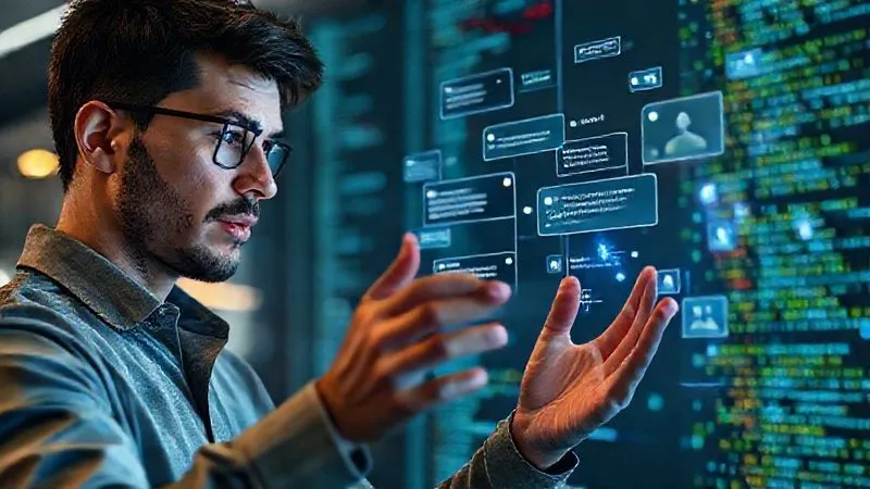 A photorealistic image of a freelancer interacting with a holographic interface, where AI-generated personalized outreach messages are flowing in real-time. The freelancer has a look of focused efficiency. The background shows a subtle blend of code and creative design elements. Cinematic lighting, sharp focus on the holographic interface and the freelancer's hands, depth of field blurring the background, 8K hyper-detailed, professional photography.