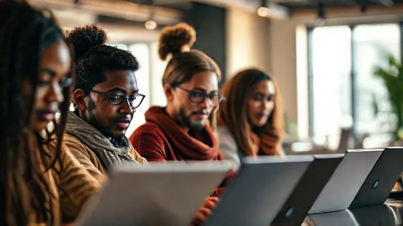 A photorealistic image of a diverse group of freelancers, each focused on a laptop or tablet, with subtle blockchain network lines connecting them, symbolizing collaboration and diverse skill sets in the Web3 space. Cinematic lighting highlights their faces, sharp focus on their determined expressions, depth of field blurring a modern, tech-savvy co-working space in the background. 8K hyper-detailed, professional photography, shot on a high-end DSLR.