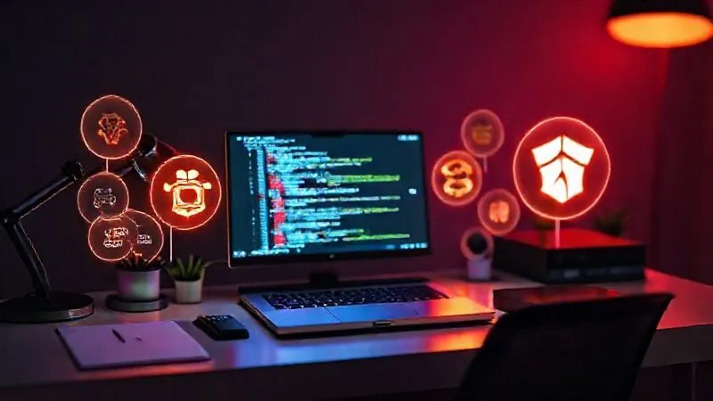 A photorealistic image showing a clean, modern desk setup with a laptop displaying code, surrounded by various digital tools represented by glowing holographic icons (like MetaMask, Hardhat, Web3.js logos). Cinematic lighting casts a futuristic glow, sharp focus on the central workstation, depth of field blurring a stylish, minimalist background. 8K hyper-detailed, professional photography, shot on a high-end DSLR.