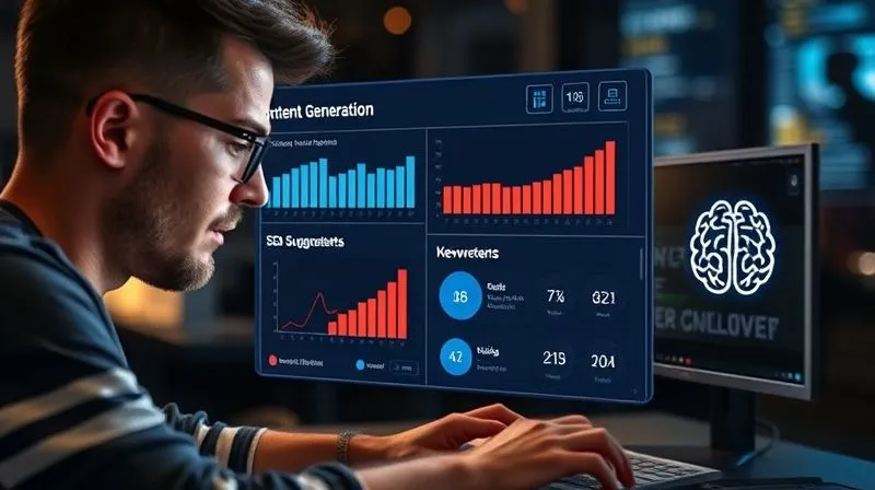A photorealistic image of a web developer interacting with a holographic interface displaying content generation metrics, SEO suggestions, and keyword analysis, with a stylized AI brain icon in the corner. Cinematic lighting, sharp focus, 8K, depth of field, professional photography.